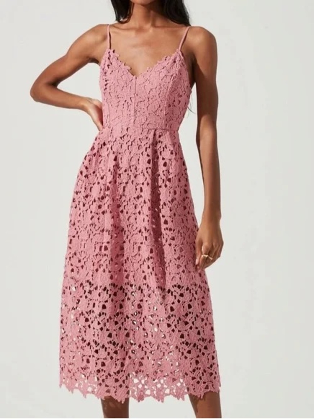 ASTR the Label Spaghetti Strap Pink Lace Midi Dress